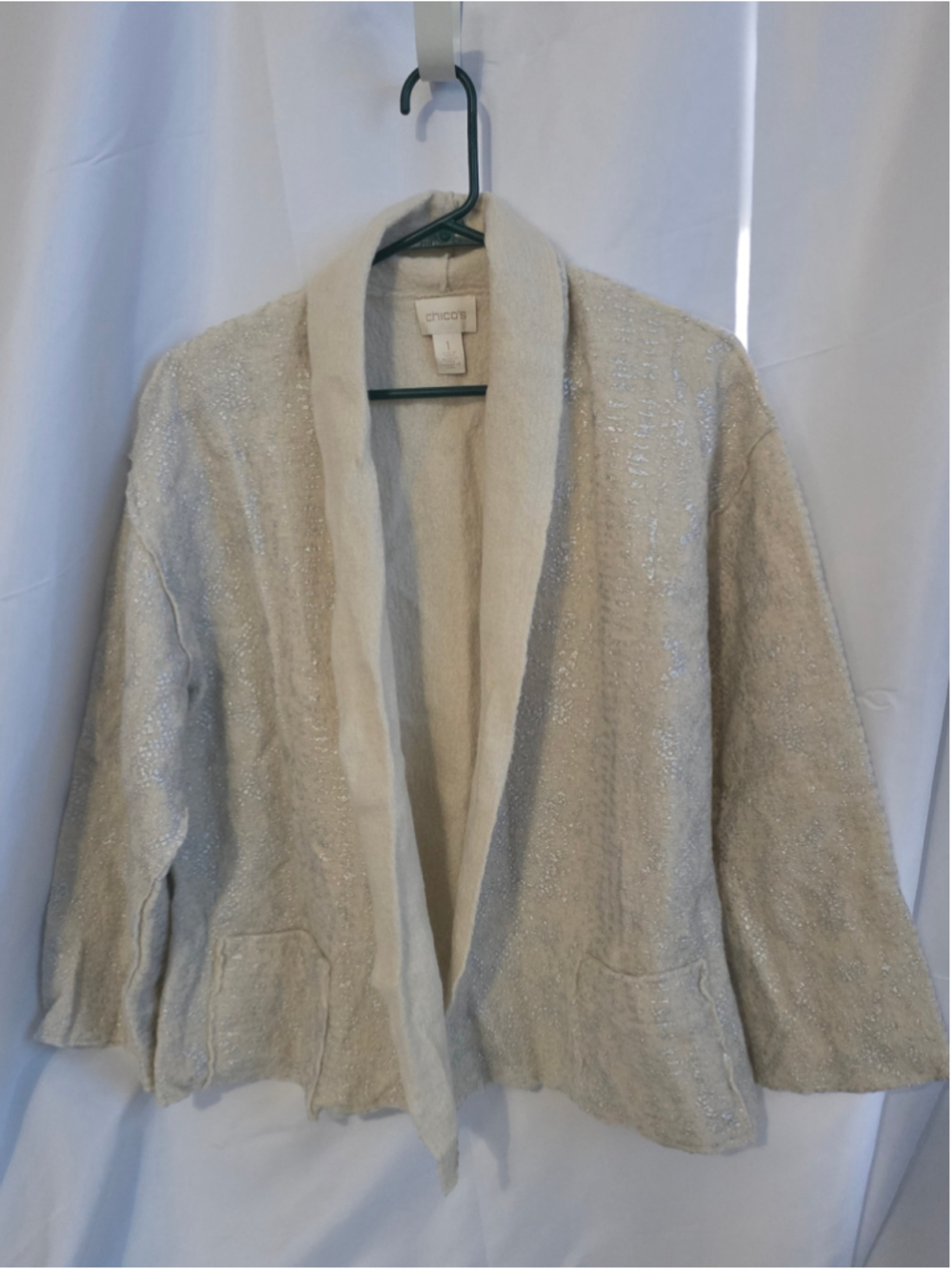 Women's Chico's 100% Wool Cardigan Sweater Size S Beige Silver warm fall winter
